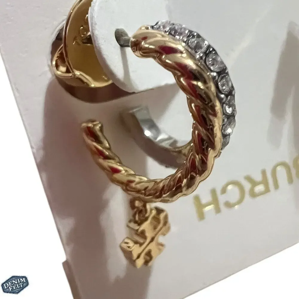 Tory‎ Burch Women’s Gold/Silver TEXTURED ROPE PAVE HUGGIE EARRINGS | NEW!!